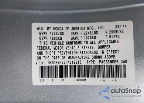 2015 Honda Accord Lx z USA, uszkodzony, nr VIN 1HGCR2F36FA019916